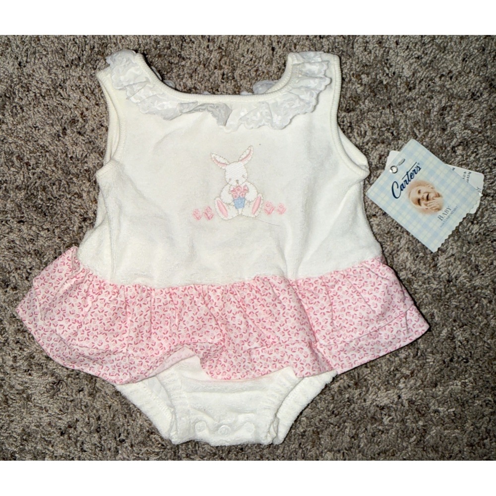 Vintage Carter's Bubble Romper 0-3 Terry Cloth Bunny Floral Ruffled Neckline NWT